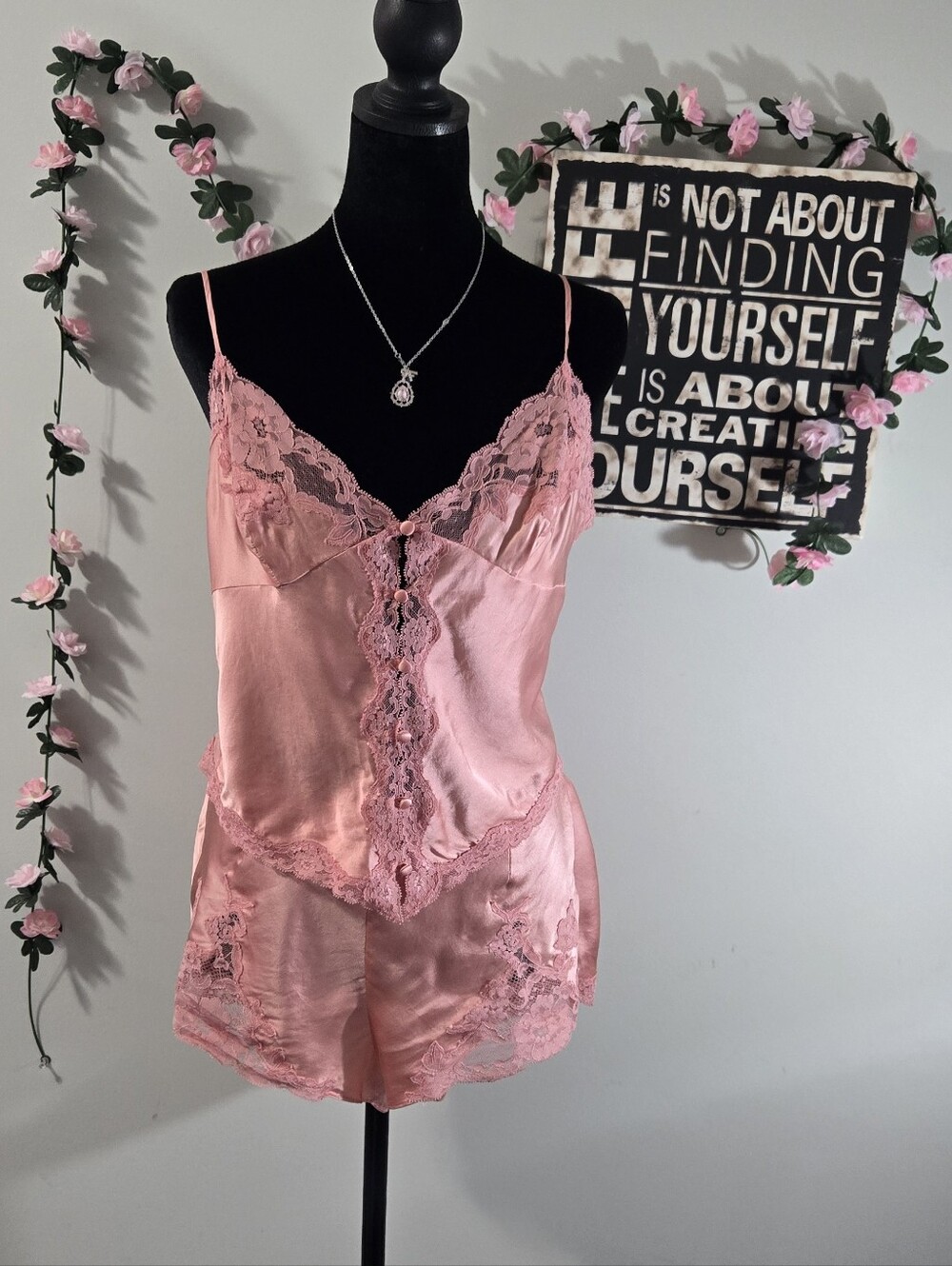 Silky Lace Trim Pink Satin Camisole & Short Set